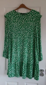 Green white floral F+ F long sleeve elastic cuff stretch smock dress size UK 18 - Picture 1 of 7