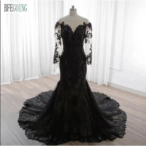 Black Tulle Lace Mermaid Wedding Dresses Chapel Train Floor-Length Bridal Gowns - Picture 1 of 7