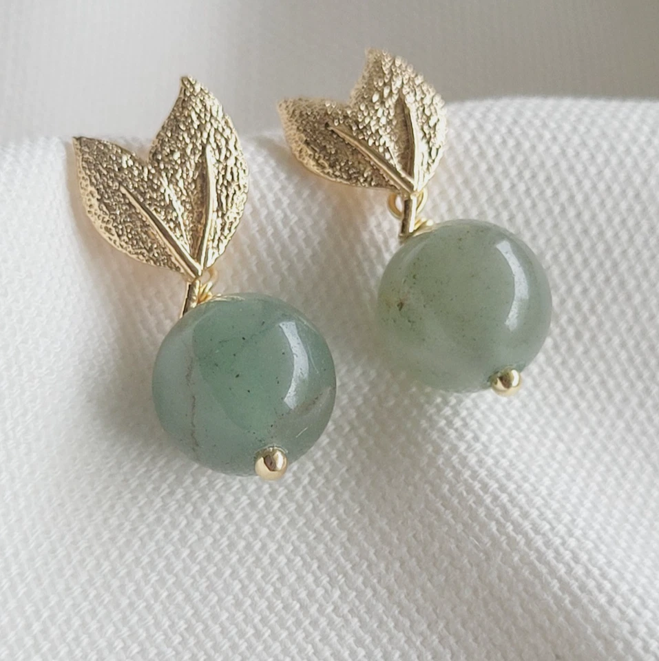 Aventurin Edelstein Hängeohrringe, Vergoldete Ohrhänger 10 mm Runde Perlen - Bild 1 von 4