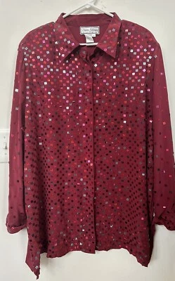Blusa Camisa De Colección Nueva Con Etiquetas Diane Gilman Para Mujer 100% Seda Borgoña Lentejuelas Artísticas Talla 3X Foto 1 de 4