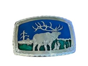 VTG Belt Buckle Bull Elk Etched Edge Inlaid Enamel Nature Western Hunting - Picture 1 of 10