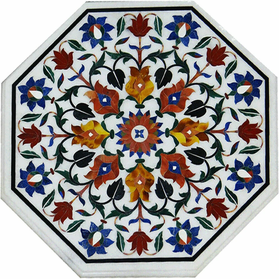 18" White Marble coffee Table Top inlay semi precious stones floral art - Image 1 of 1