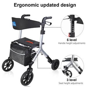 Rollator Walker Folding Walker w/10-inch Wheels Supports up to 300lbs Silver - Picture 1 of 12