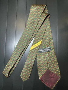 Salvatore Ferragamo Brown Animal Print Silk Tie Yellow Owls - Picture 1 of 3