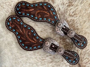 Ladies Floral Tooled Dark Brown Top Grain Leather Western Pair Spur Straps - Picture 1 of 6