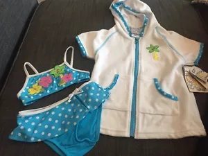 New Girls Swimsuit 3 Piece Set Blue Polka Dot Bikini, 2T Hooded Coverup - Picture 1 of 3