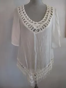 NUEVO SIN ETIQUETAS TÚNICA CUELLO EN V TRANSPARENTE BLANCO MEDIO CON BORDE DE GANCHILLO - Imagen 1 de 9