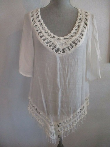 OFF WHITE TUNICA NUOVA SENZA ETICHETTE CHA VENTE MEDIA OFF WHITE TRASPARENTE SCOLLO A V CON BORDO ALL'UNCINETTO