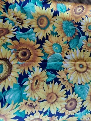 Vintage Sewing Fabric Yellow Sunflowers ~1yd 33X60" Cotton Green & Black - Image 1 of 4