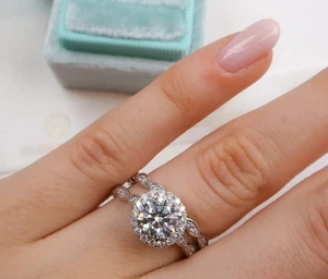 Diamond Engagement Ring & Band Set Round Halo Lab Created F VS1 1.9 CT Platinum - Picture 1 of 13