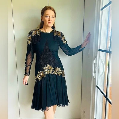 Vestido Vintage Años 90 Lentejuelas Cuentas Fiesta Cóctel Formal Alfombra Roja Negro Dorado s/6 Foto 1 de 4