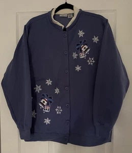 BonWorth Holiday Christmas Sweater Medium Embroidered Button Cardigan Blue Snow - Picture 1 of 7