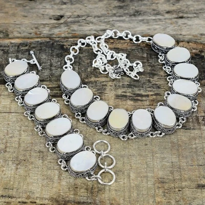 Madreperla Gemma 925 Argento Sterling Gioielli Set Collana Braccialetto Regalo - Immagine 1 di 4