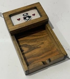 Vintage Wooden Cross Stitch Panda Trinket Box Paper Holder Misc Desk Organizer - Picture 1 of 10