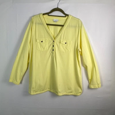 J Jill Talla LP Amarillo Limón Cuello en V Ligero Top Calado Bolsillos con Botones Transparentes Foto 1 de 4