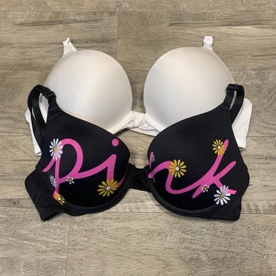 Victoria Secret 2 Sujetadores Bombshell Satinado ROSA Usar en Todas Partes Push Up Talla 32 B Foto 1 de 4