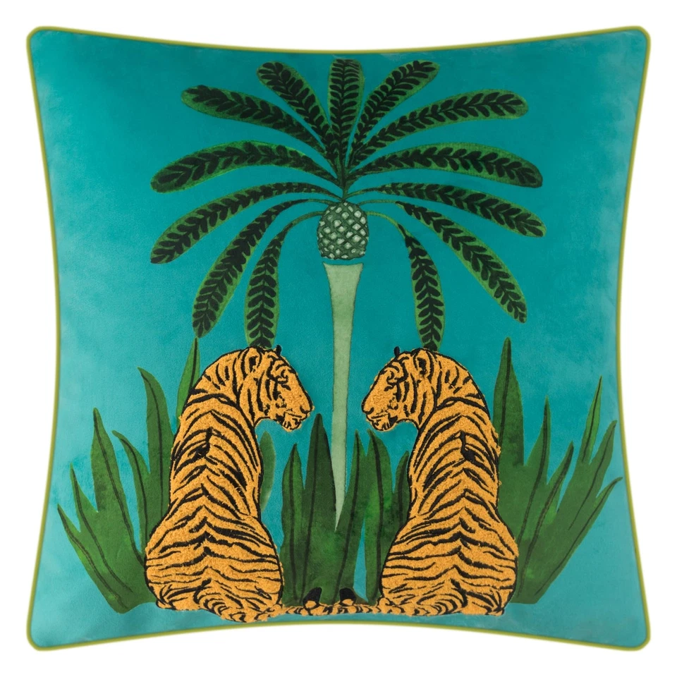 Decorative Tiger Embroidered Design Throw Pillow Cover Tropical Palm Pillowca... - Image 1 of 4