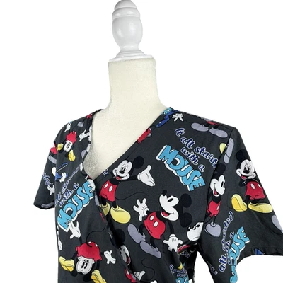 Disney Scrubs Top Mickey It all Started with a  Mouse Gray Medium Nurse Medical - Image 1 of 4