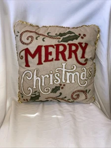Pier 1 Throw Pillow Merry Christmas Beads Zipper Gold Red Green Embroidery 17” - Picture 1 of 4