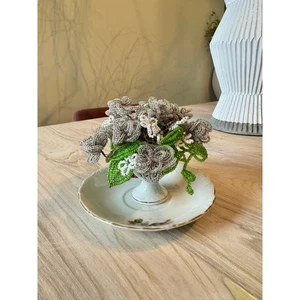 VINTAGE Clear Beaded Flowers in Floral Mini Vase and Saucer JAPAN - Picture 1 of 8