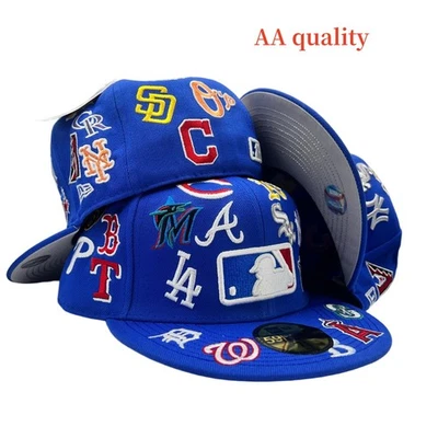 NEW MLB Teams Patch Logos All-Over Black 59FlFTY Fitted Cap Era-5950 Men's Hat