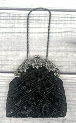 BOLSO DE NOCHE CLUTCH VINTAGE NEGRO CON CUENTAS - PEQUEÑO 5" X 5" - ¡NUEVO!! Foto 1 de 4