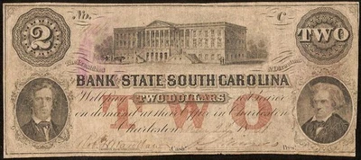 1861 $2 BILL SOUTH CAROLINA BANK NOTE LARGE OLD CIVIL WAR PAPER MONEY NO CUT C - Image 1 of 2