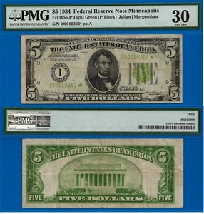 1934 $5 Federal Reserve Note PMG 30 rare 9 known Minneapolis star Fr 1955-I* - Picture 1 of 5
