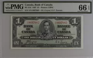 1937 Canada 1 Dollar BC-21d BANKNOTE CURRENCY UNC PMG 66 - Picture 1 of 2
