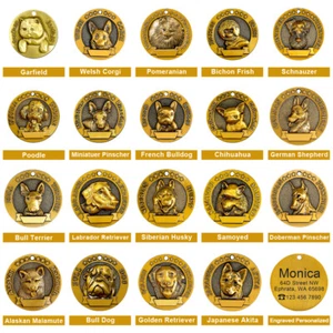 Personalised 3D Gold Dog ID Tags Metal Custom Name Engraved 21 Breeds Dogs & Cat