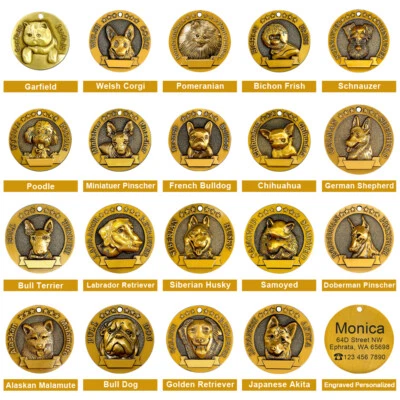 Personalised 3D Gold Dog ID Tags Metal Custom Name Engraved 21 Breeds Dogs & Cat - Image 1 of 4