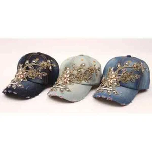 Women Fashion Ripped Denim Handmade Diamond And Gold Flower Decorative Cap Hat - Picture 1 of 9