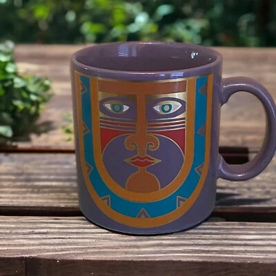 Taza de café Laurel Burch KUBERA máscara tribal púrpura dorado hecha en Japón Foto 1 de 4