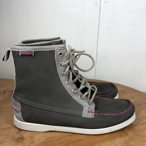 Sebago Docksides Boots Womens 8 M Gray Leather Moc Toe Lace Up Casual Shoes - Picture 1 of 14