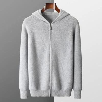 Men's Wool Hooded Zipper Cardigan Coats Knit Sweaters Fashion Cashmere Overcoat - Image 1 of 4