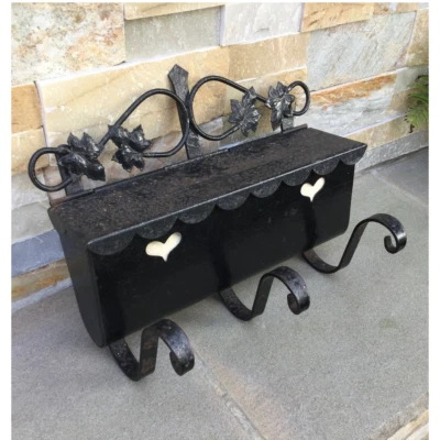 Antique Wrought Iron Wall Mailbox Grape Leaves & Heart Cut Out Newspaper Holder - Image 1 of 4