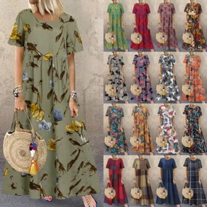 UK Women Crewneck Floral Printed Long Maxi Dress Casual Loose Shirt Dresses 8-24 - Picture 1 of 25