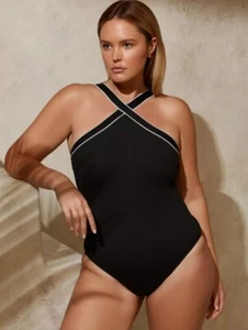 Traje de baño de una pieza Lauren Ralph Lauren de lujo con cuello alto talla 12 negro para mujer - Imagen 1 de 13