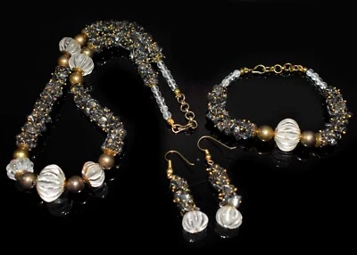 Hematite Chips & Crystal Quartz Carved Rondelle Gemstone 17" Girls Necklace Set - Image 1 of 4