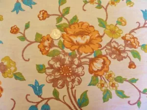 Cortina de colección de 1970 flor naranja algodón yarda beige azul agua cosecha oro - Imagen 1 de 5