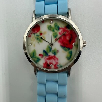 Geneva Watch Women Silver Tone Floral Dial Blue Silicone Band New Battery 9" - Image 1 of 4