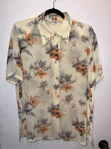 Vintage Floral Womens Blouse-TYANGEERY Button Up Cream/Peach S/S XL - Picture 1 of 7