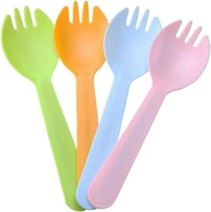 4.3" Mini Disposable Sporks 100ct Plastic Spork 2in1 Utensils 4 Colors 25ct Indi - Picture 1 of 6