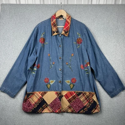 Bobbie Brooks Shirt Womens 18W 20W Denim Embroidered Floral Patchwork Grannycore - Image 1 of 4