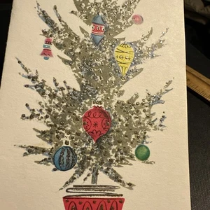 Tarjeta de Navidad De Colección Mcm Árbol Decorado Adornos Brillo Plata Oropel Rosa Azul - Imagen 1 de 13