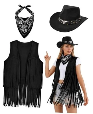 Trajes de Vaquera para Mujer 3 Piezas Disfraz de Vaquero con Flecos Chaleco Mediano Negro Foto 1 de 4