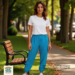 Stefano Vintage NWT Blue Gingham Jogger Pants Women's Size Large 90s Comfy Casua - Picture 1 of 16
