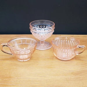 Lot of 3 Vintage Pink Depression Glass Cups & Sherbet Dish Mixed Patterns - Picture 1 of 16