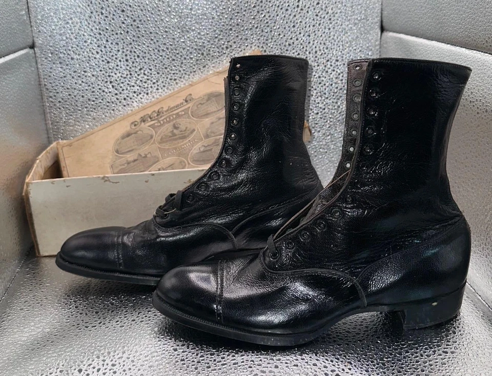 Antique Godman New Old Stock Edwardian Victorian Lace Up Black Button Boots 8 - Image 1 of 4