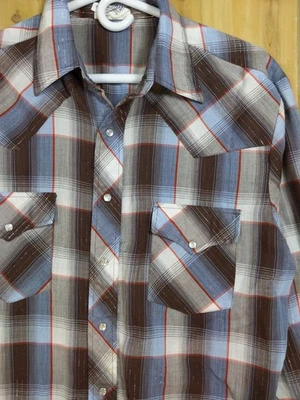 VTG Saturdays In California Mens L Pearl Snap Western Shirt Brown Blue Metallic - Image 1 of 4